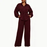 Lapel Neck Shirt Wide Leg Pants 2 Piece Set NY-3955