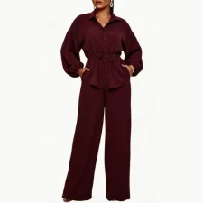 Lapel Neck Shirt Wide Leg Pants 2 Piece Set NY-3955