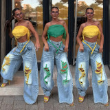 Denim Print Holes Contrast Color Wide Leg Pants(Without Belt)  SH-391662