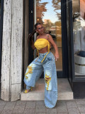 Denim Print Holes Contrast Color Wide Leg Pants(Without Belt)  SH-391662