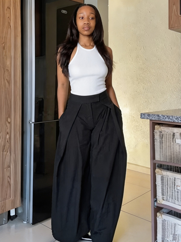 Solid Color Press Pleated Wide Leg Pants SH-391665