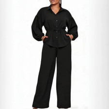 Lapel Neck Shirt Wide Leg Pants 2 Piece Set NY-3955