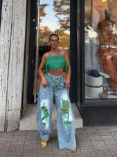 Denim Print Holes Contrast Color Wide Leg Pants(Without Belt)  SH-391662