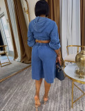 Plus Size Long Sleeve Hooded Jackets Denim Two Piece Shorts Set GAKF-60807