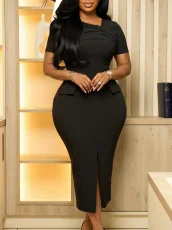 Plus Size Solid Color Irregular Neck Midi Dress GCZF-8671