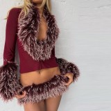 Fur Patchwork Long Sleeve Two Piece Skirts Set DLSF-K6S14794A