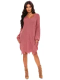 Plus Size V Neck Long Sleeve Irregular Tassel Mini Dress YMEF-59122