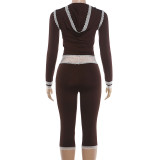 Zipper Long Sleeve Lace Patchwork Fifth Pants Two Piece Set DLSF-K6S16729A