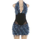 V Neck See Through Mesh Patchwork Mini Dress DLSF-K6D16548A