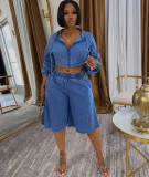 Plus Size Long Sleeve Hooded Jackets Denim Two Piece Shorts Set GAKF-60807