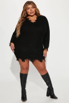 Plus Size V Neck Long Sleeve Irregular Tassel Mini Dress YMEF-59122