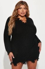 Plus Size V Neck Long Sleeve Irregular Tassel Mini Dress YMEF-59122