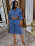 Plus Size Long Sleeve Hooded Jackets Denim Two Piece Shorts Set GAKF-60807