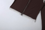 Zipper Long Sleeve Lace Patchwork Fifth Pants Two Piece Set DLSF-K6S16729A