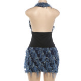 V Neck See Through Mesh Patchwork Mini Dress DLSF-K6D16548A