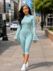 Polka Dot Print Long Sleeve Backless Jumpsuit(With Headscarf) CM-60618