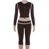Zipper Long Sleeve Lace Patchwork Fifth Pants Two Piece Set DLSF-K6S16729A