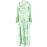 Slash Neck Mesh Long Sleeve Print Dress GJYO-JD305799