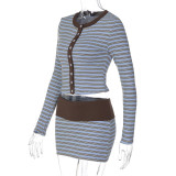 Contrast Color Stripe Long Sleeve Two Piece Skirts Set LJSF-S5822305H