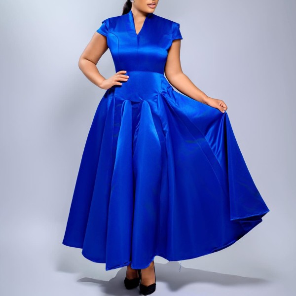 Plus Size Short Sleeve V Neck Maxi Dress GATE-643