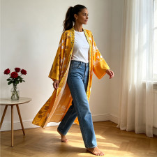 Plus Size Retro Floral Printed Satin Sleeping Robe Coat QMZF-1876