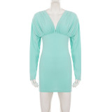 V Neck Ruched Long Sleeve Mini Dress GPKJ-MR51063