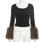 Long Sleeve Fur Patchwork Sleeve Top GSBW-Y26TP352