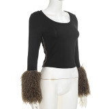Long Sleeve Fur Patchwork Sleeve Top GSBW-Y26TP352
