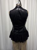 V Neck Sleeveless Ruffles Leather Tops GWDS-260704