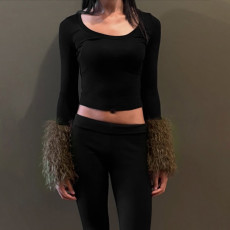Long Sleeve Fur Patchwork Sleeve Top GSBW-Y26TP352