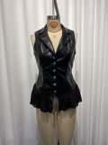 V Neck Sleeveless Ruffles Leather Tops GWDS-260704