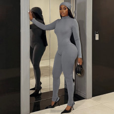 Long Sleeve Solid Color Bodysuit 3 Piece Pants Set(With Headscarf) MXBF-J26ST356