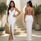 V Neck Cross Hollow Out Split Maxi Dress BY-7802