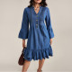 Lantern Sleeve Loose Denim Midi Dress GDAM-218978