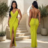 V Neck Cross Hollow Out Split Maxi Dress BY-7802