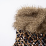 Fur Patchwork Leopard Sequin Mini Dress GDSF-D26DS271