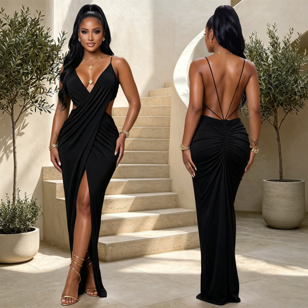 V Neck Cross Hollow Out Split Maxi Dress BY-7802