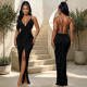 V Neck Cross Hollow Out Split Maxi Dress BY-7802