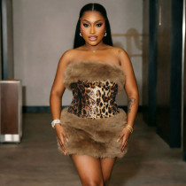 Fur Patchwork Leopard Sequin Mini Dress GDSF-D26DS271
