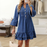 Lantern Sleeve Loose Denim Midi Dress GDAM-218978