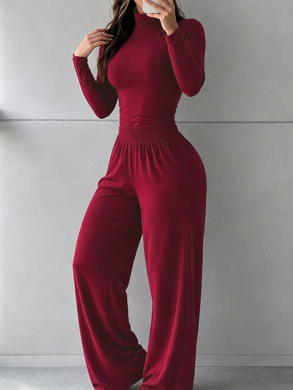 Solid Color Loose Long Sleeve Pants 2 Piece Set MIL-L414