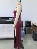 Deep V Neck Halterneck Split Maxi Dress GHYX-TXY5488