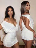 Solid Color Deep V Neck Ruched Mini Dress GHYX-TXY5530