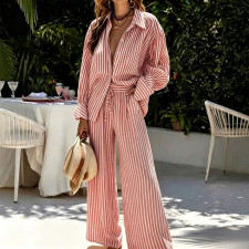 Stripe Lapel Neck Shirt Two Piece Pants Set GHYX-JYP7112