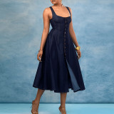 Sleeveless Square Neck Denim Long Dress GDAM-218916