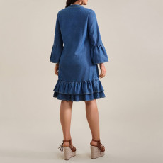Lantern Sleeve Loose Denim Midi Dress GDAM-218978