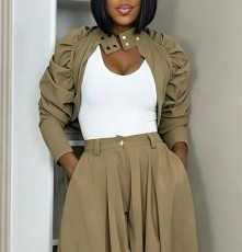 Metallic Zippered Ruffled Bubble Sleeve Coat LSD-3004