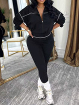 Solid Color Long Sleeve Zipper 2 Piece Pants Set MIL-L408