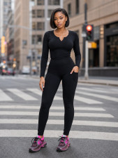 Solid Color Long Sleeve Yoga Two Piece Pants Set CM-60820