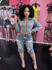 Denim Embroidered Long Sleeve Two Piece Pants Set MEM-88720